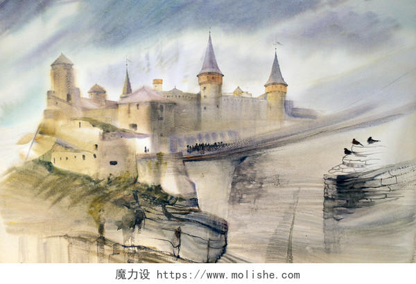 卡梅涅茨-podilskyi 在乌克兰的旧城堡手绘的水彩